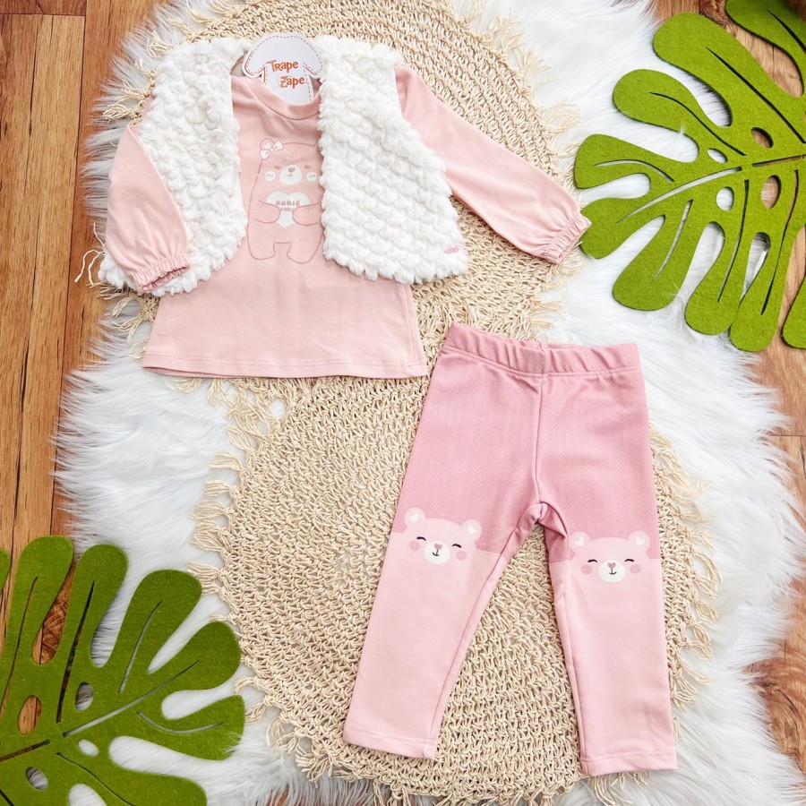Conj. Colete de Pelinho, Blusa Manga Longa Ursinha e Calça Legging - Rose e Off White